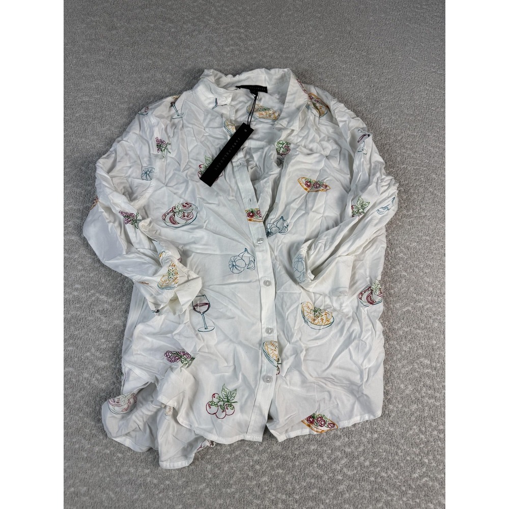 Jane + Delancey Shirt Womens Medium White Food Wine Fruit Print Button Up Rayon